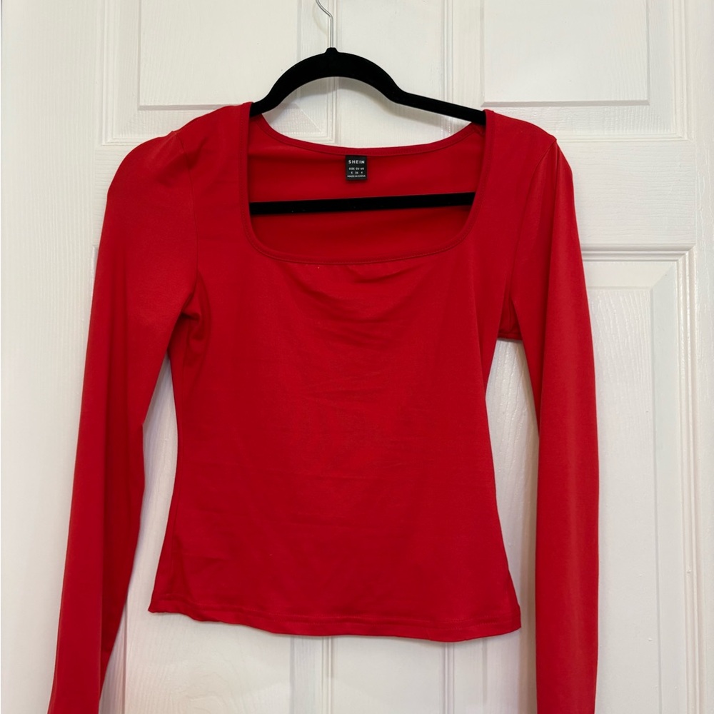 SHEIN Girl’s Red Square-Neck Long Sleeve Top